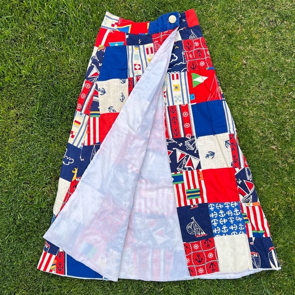 Vintage 50s 60s Patchwork Nautical High Waist Maxi Skirt Patriotic Sailing Med - Picture 2 of 15